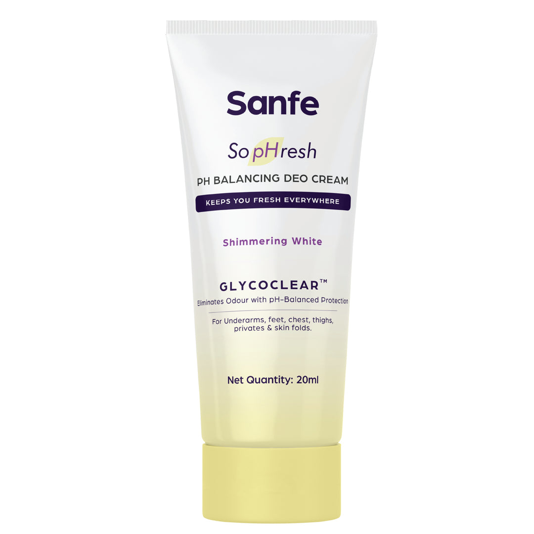 Sanfe So pHresh pH Balancing Deo Cream- Shimmering White| Fruity Fragrance| Perfect For Busy Day| Eliminates Body Odor| Long Lasting Freshness| 20ml