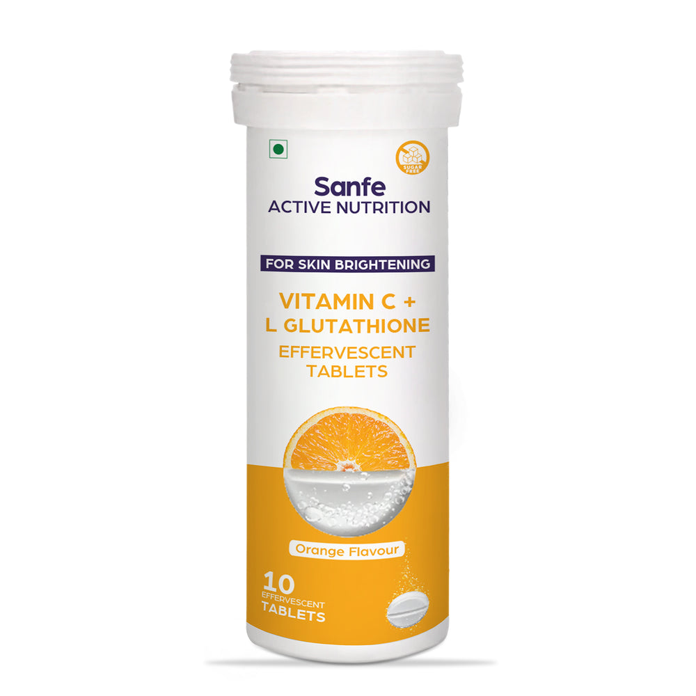 Sanfe Effervescent Tablets, Vitamin C + L Glutathione (Orange) | For Skin Brightening, 10 Tablets