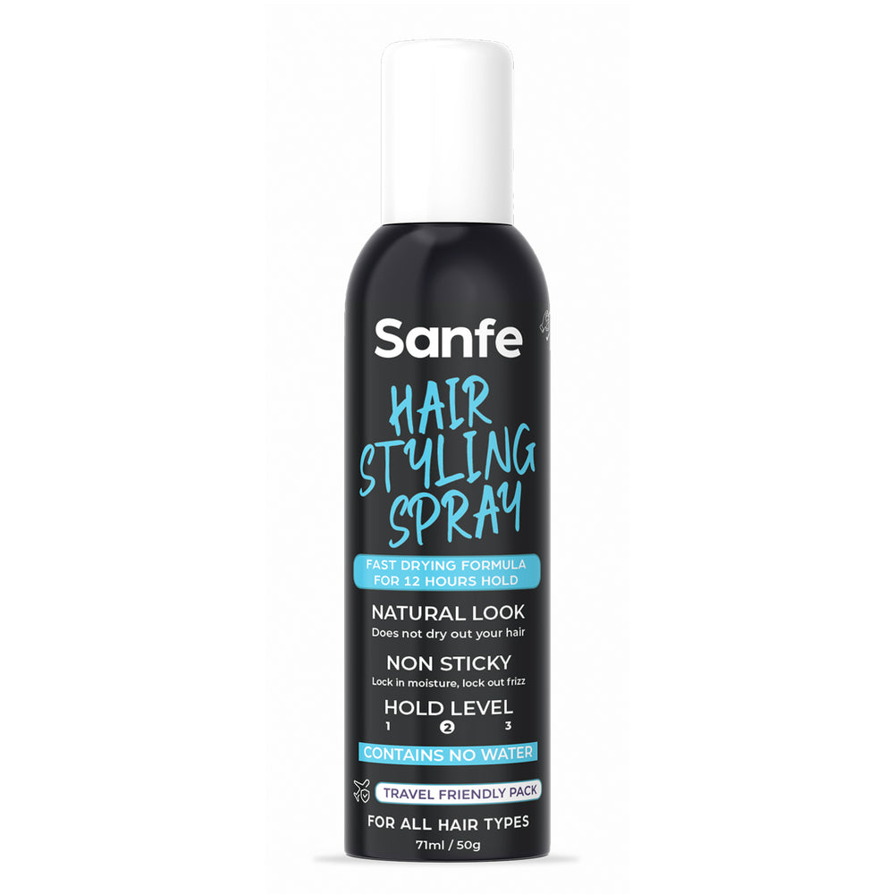 Sanfe Hair Styling Spray Fast Drying Formula, 12 Hours Hold Natural Look, Non-Sticky - 50gm