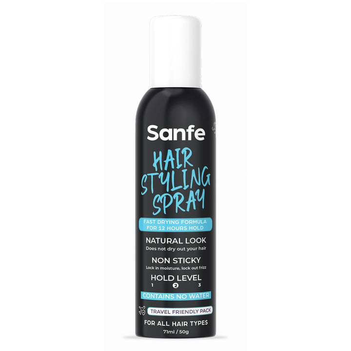 Sanfe Hair Styling Spray Fast Drying Formula, 12 Hours Hold Natural Look, Non-Sticky - 50gm