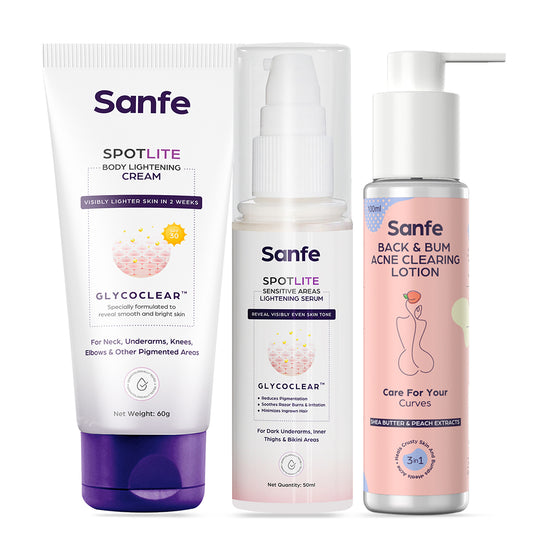 Sanfe Body Acne & Depigmentation Kit | 3 Step Body Care Routine for women - Acne Clearing Lotion, Glo Cream and Lightening Serum | For Acne, Dark Patches, Dullness & 24 Hr Long Moisture - 210gm