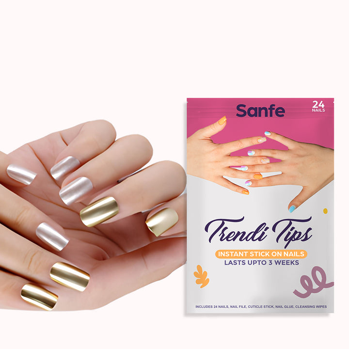 Sanfe Instant Stick On Nails - Silver & Golden Chrome- 24 pcs