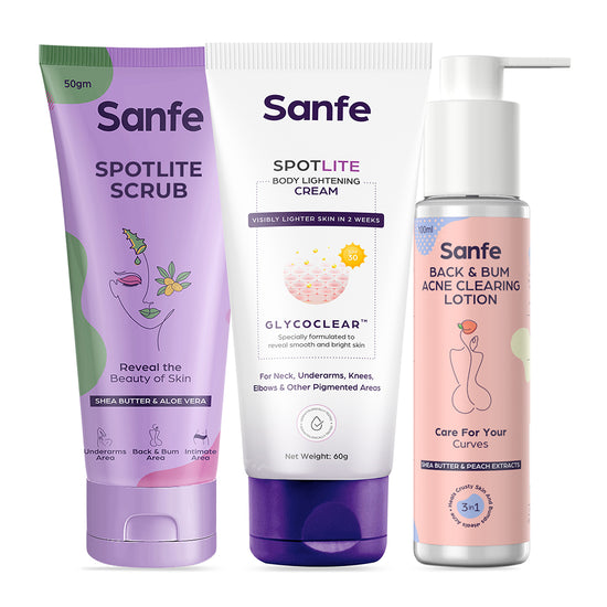 Sanfe Spotlite 2 Steps Kit and Body Acne Rescue Kit| 2 Step Body Care Routine for women - Acne Clearing Lotion, Glo Cream and Scrub | For Acne, Dark Patches, Dullness & 24 Hr Long Moisture