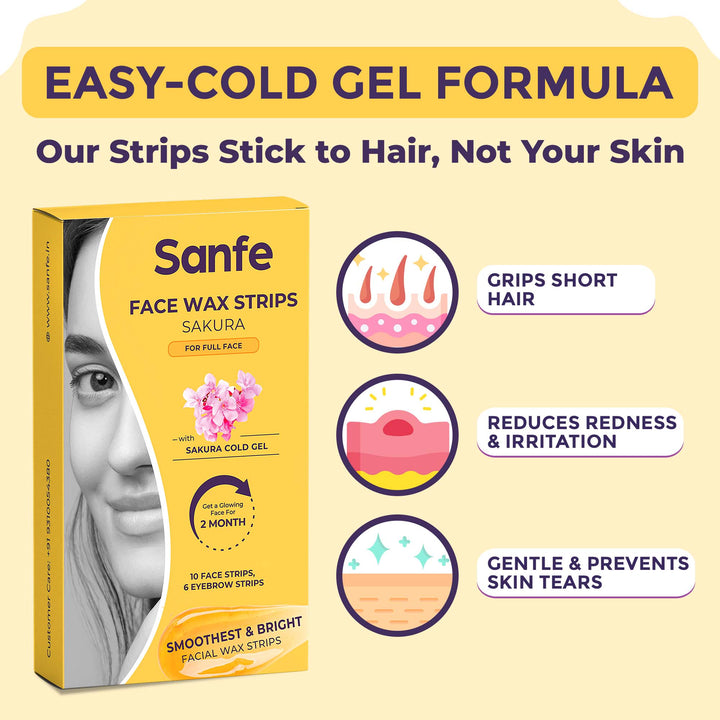 Sanfe Facial Wax Strips Sakura | Convenient, Precise, and Long-lasting Hair Removal for Delicate Face Skin | Enriched With Sakura Cold Gel