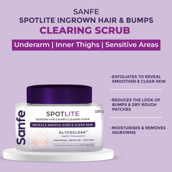 Sanfe Spotlite Sensitive Areas Body Scrub For Dark Underarms, Inner Thighs And Sensitive Areas | 3X Quicker Penetration with Glycodeep Technology | Enriched With Shea Butter, Aloe Vera - 100gm