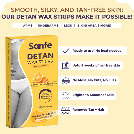 Sanfe Detan Wax Strips | Effortlessly Removes Tan and Body Hair | Enjoy Smooth, Radiant Skin | Easy-to-Use Formula