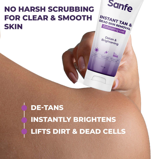 Sanfe Instant Tan & Dead Skin Removal Exfoliating Gel | Visibly Removes Tan | AHA Exfoliation in Minutes | Smooth & Bright Skin | 100g