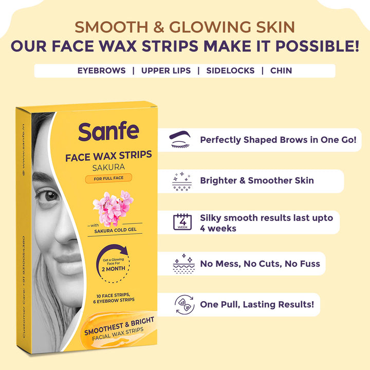 Sanfe Facial Wax Strips Sakura | Convenient, Precise, and Long-lasting Hair Removal for Delicate Face Skin | Enriched With Sakura Cold Gel