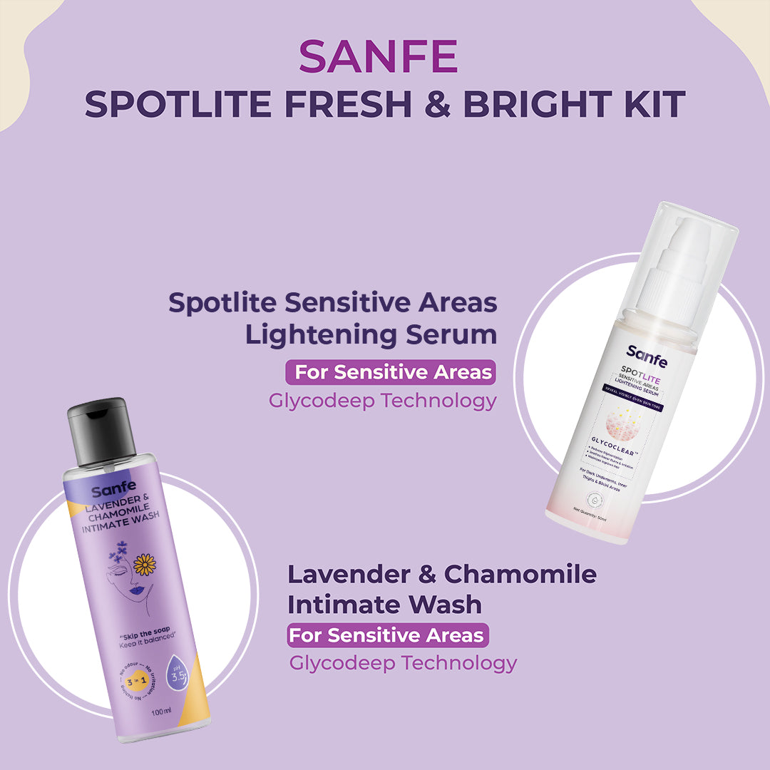 Sanfe Spotlite Fresh & Bright Kit For Dark Underarms, Inner Thighs and Sensitive Areas | 10X Powerful, Enriched with Kojic Acid, 4% Niacinnamide, Lavender| For Dark Intimate Patches, Detanning, Anti Aging, odour and Skin Tightening