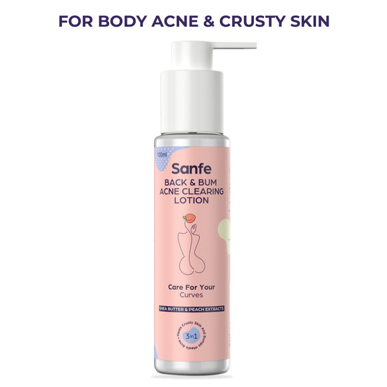 Sanfe Body Acne Clearing Lotion with Shea Butter & Peach extracts for healing Bum acne & crusty skin - 100ml