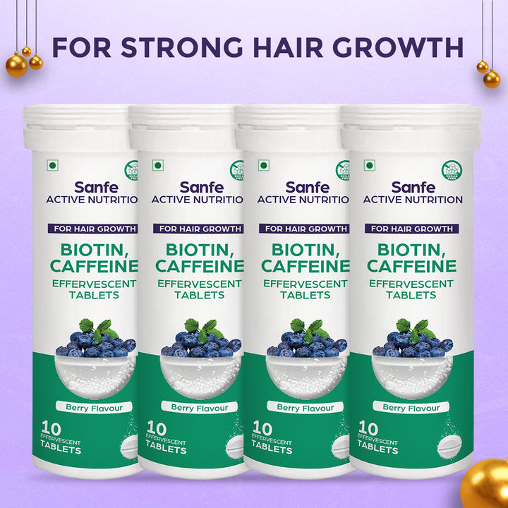 Sanfe Effervescent Tablets, Biotin & Caffeine (Berry) - For Hair Growth, supports long hair, 40 Tablets