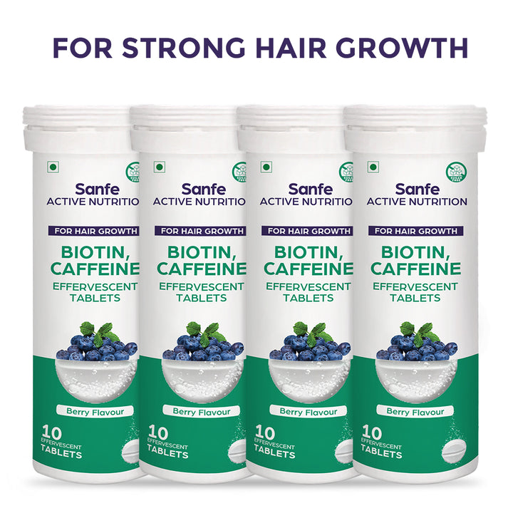 Sanfe Effervescent Tablets, Biotin & Caffeine (Berry) - For Hair Growth, supports long hair, 40 Tablets