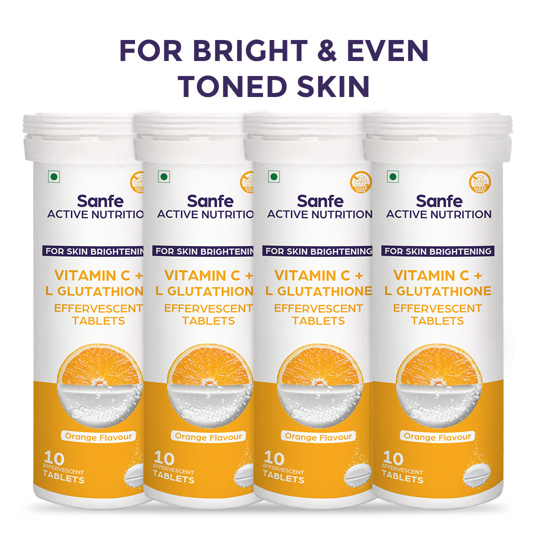 Sanfe Effervescent Tablets, Vitamin C + L Glutathione (Orange) | For Skin Brightening, 40 Tablets