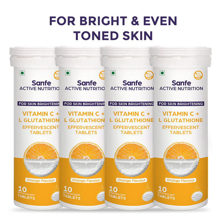 Sanfe Effervescent Tablets, Vitamin C + L Glutathione (Orange) | For Skin Brightening, 40 Tablets