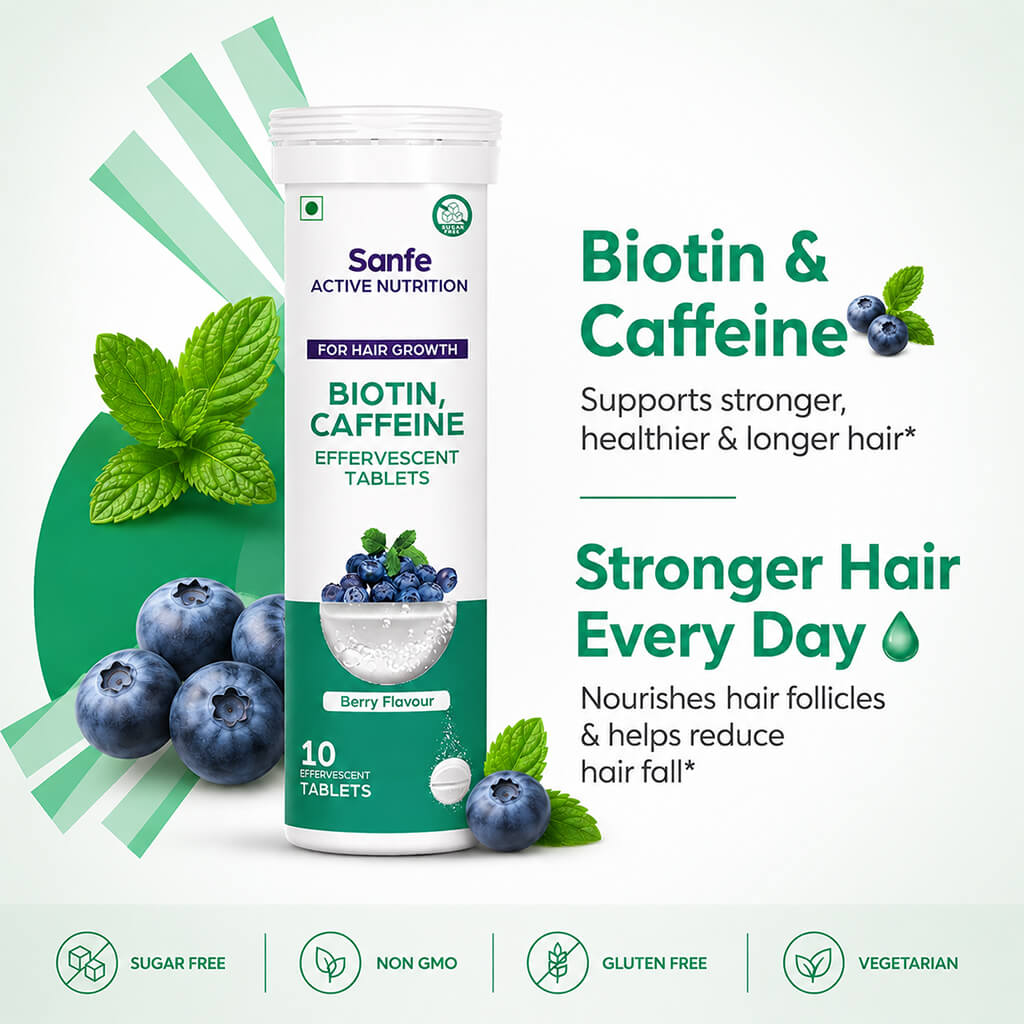 Sanfe Effervescent Tablets, Biotin & Caffeine (Berry) - For Hair Growth, supports long hair, 10 Tablets