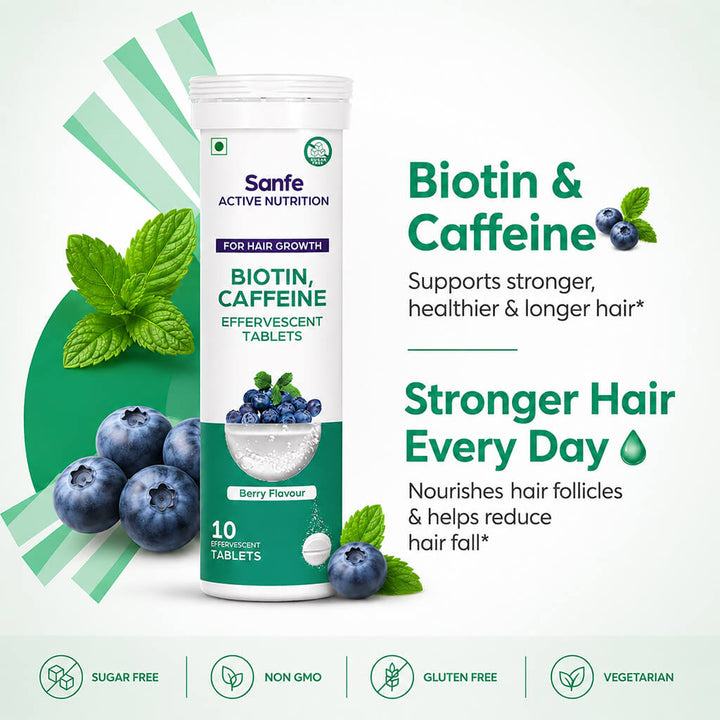 Sanfe Effervescent Tablets, Biotin & Caffeine (Berry) - For Hair Growth, supports long hair, 10 Tablets