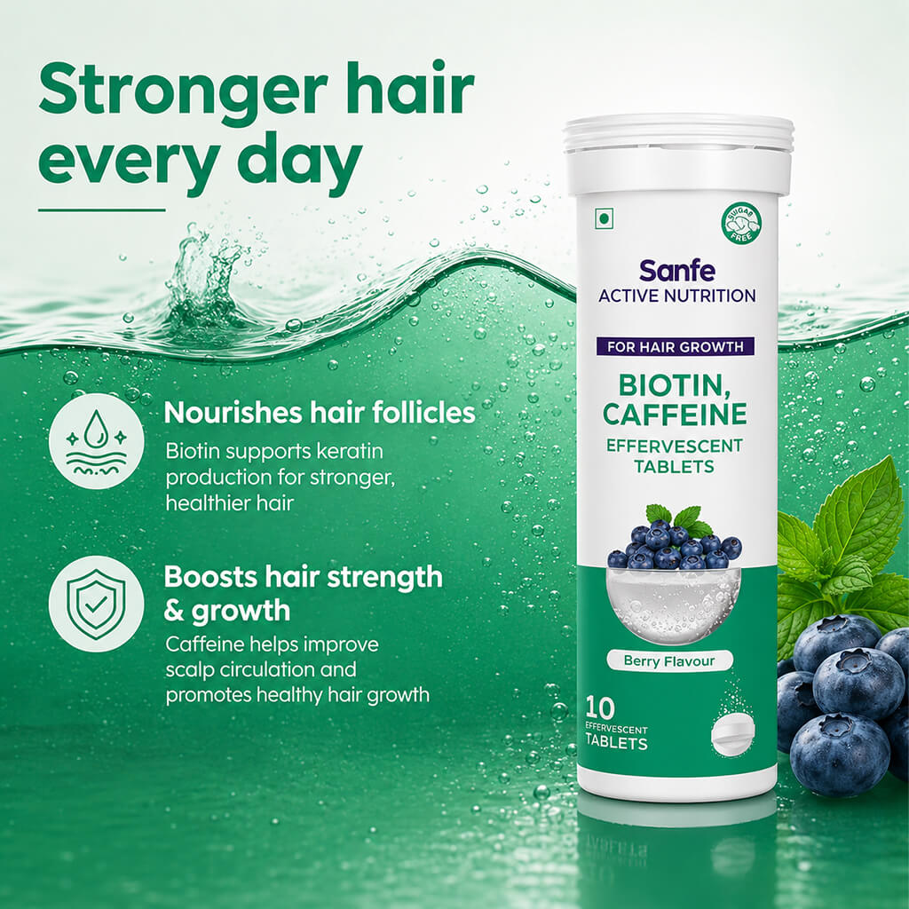 Sanfe Effervescent Tablets, Biotin & Caffeine (Berry) - For Hair Growth, supports long hair, 10 Tablets