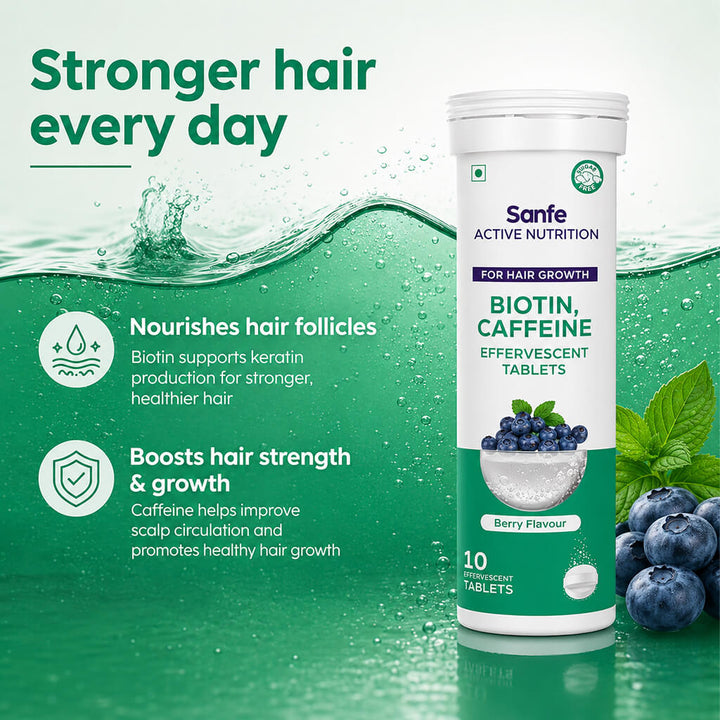 Sanfe Effervescent Tablets, Biotin & Caffeine (Berry) - For Hair Growth, supports long hair, 10 Tablets