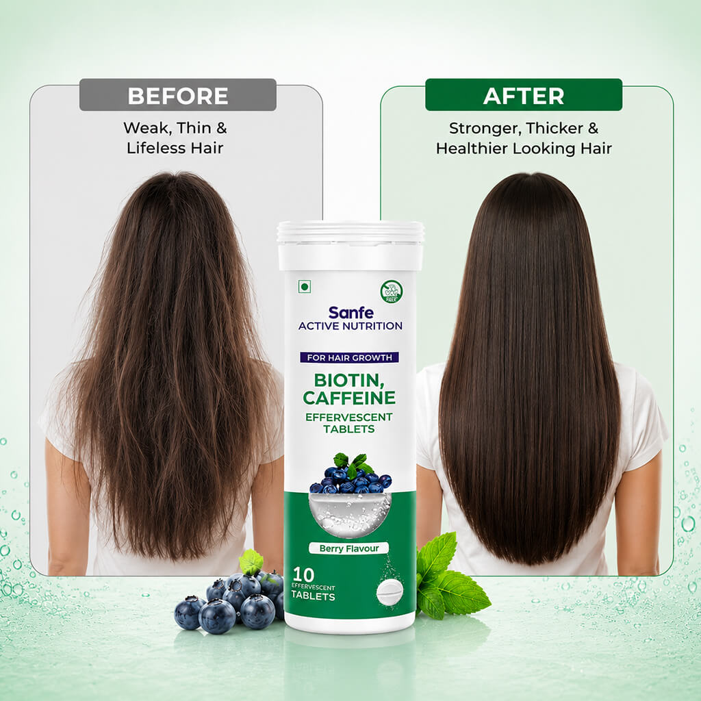 Sanfe Effervescent Tablets, Biotin & Caffeine (Berry) - For Hair Growth, supports long hair, 10 Tablets
