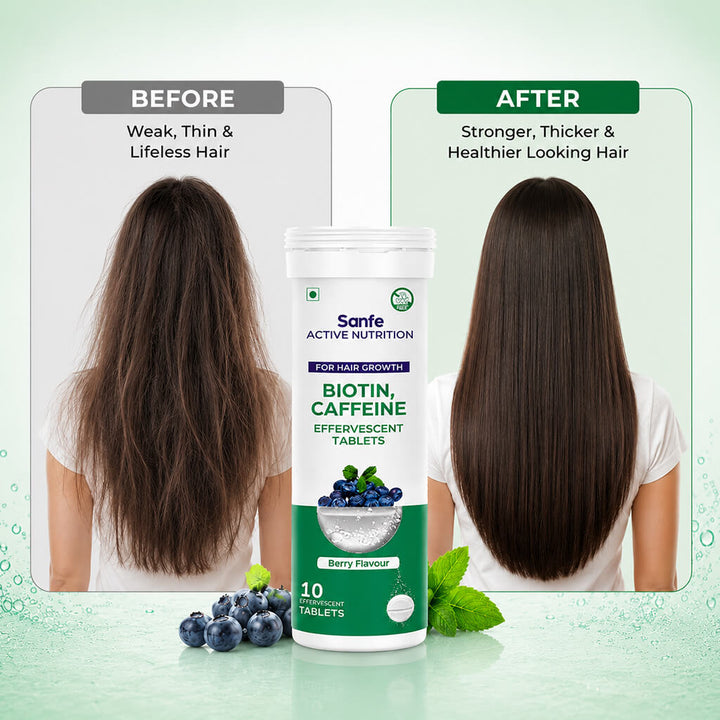 Sanfe Effervescent Tablets, Biotin & Caffeine (Berry) - For Hair Growth, supports long hair, 10 Tablets