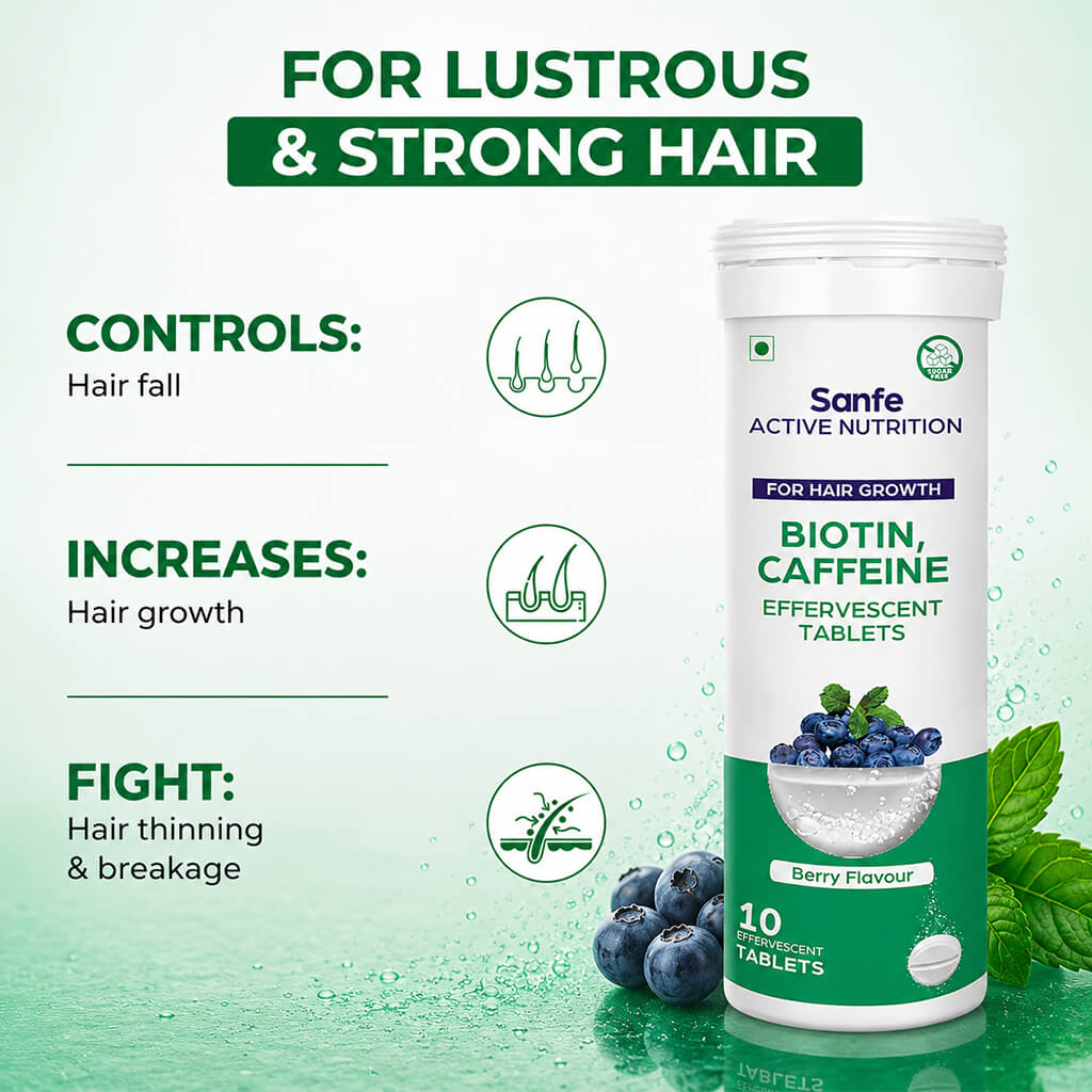 Sanfe Effervescent Tablets, Biotin & Caffeine (Berry) - For Hair Growth, supports long hair, 10 Tablets