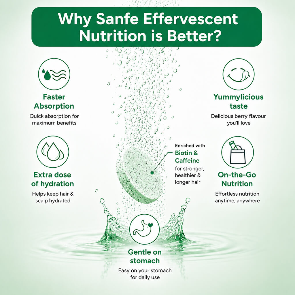 Sanfe Effervescent Tablets, Biotin & Caffeine (Berry) - For Hair Growth, supports long hair, 10 Tablets