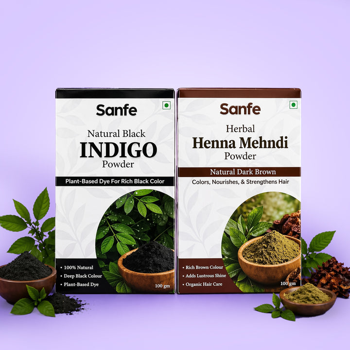 Sanfe Herbal Indigo & Henna Hair Colour Powder Combo – Natural Black/Brown Hair Colour