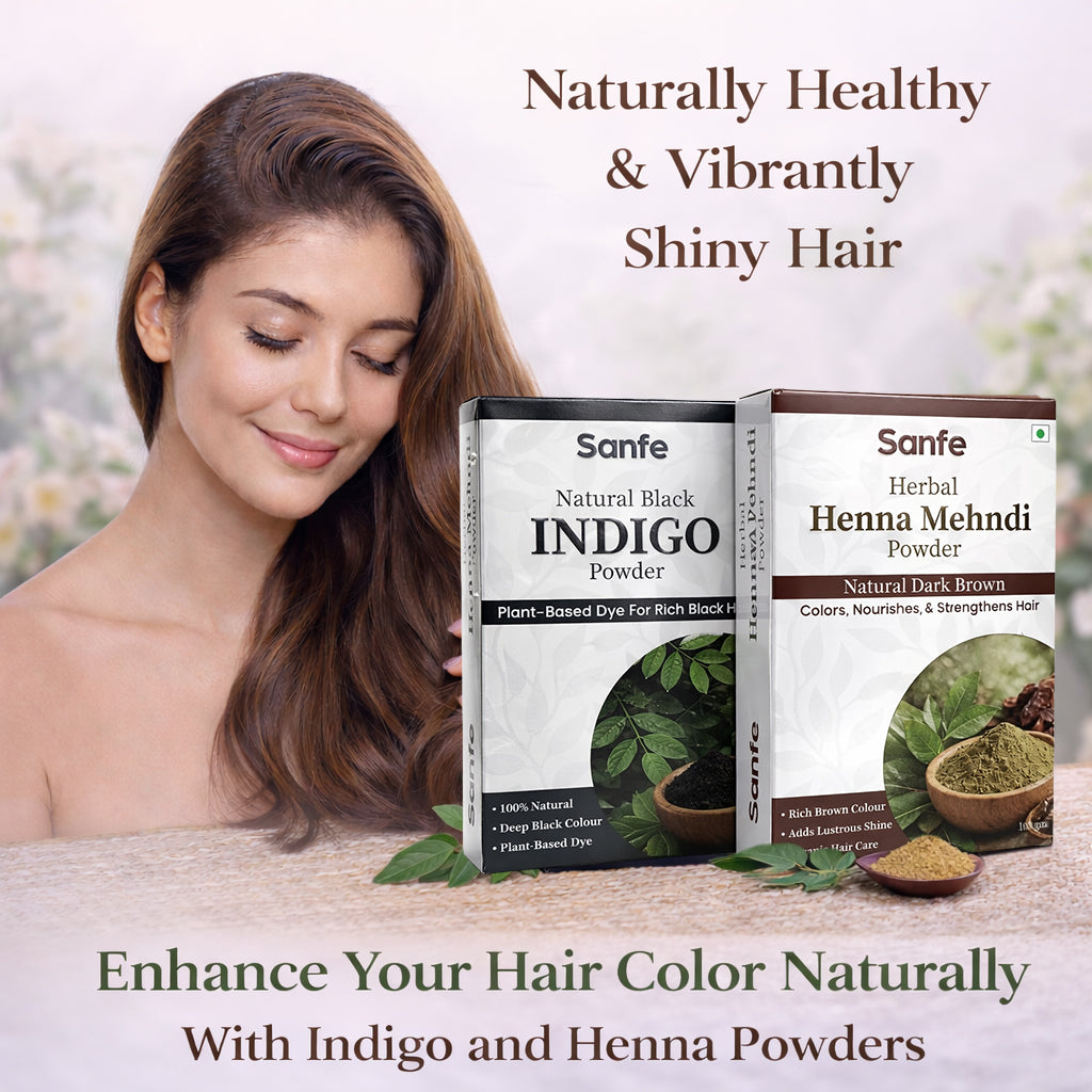 Sanfe Herbal Indigo & Henna Hair Colour Powder Combo – Natural Black/Brown Hair Colour