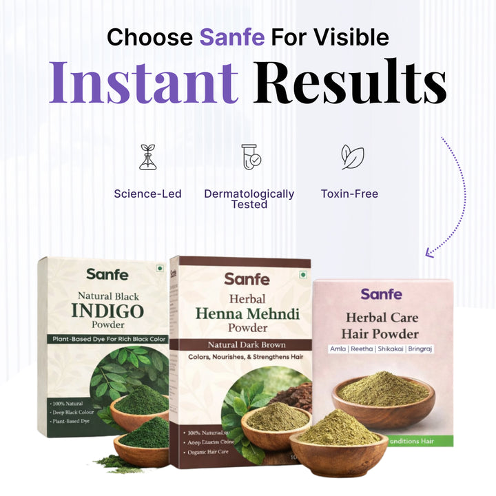 Sanfe Herbal Hair Color Combo – Amla Reetha Shikakai Bhringraj Powder 200g + Natural Henna Mehendi 100g + Organic Indigo Powder 100g | 100% Natural Hair Care & Grey Coverage
