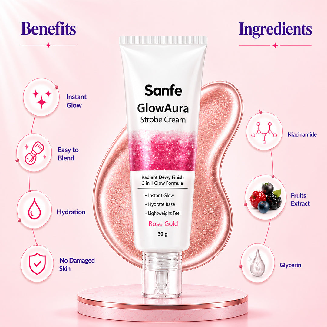 Sanfe GlowAura Strobe Cream in Rose Gold Benefits & Ingredients 