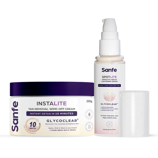 Sanfe De-tan & Depigmentation Kit| Spotlite Sensitive Areas Lightening Serum & Instalite Wipe-Off Cream| Exfoliates, Lightens & Detans