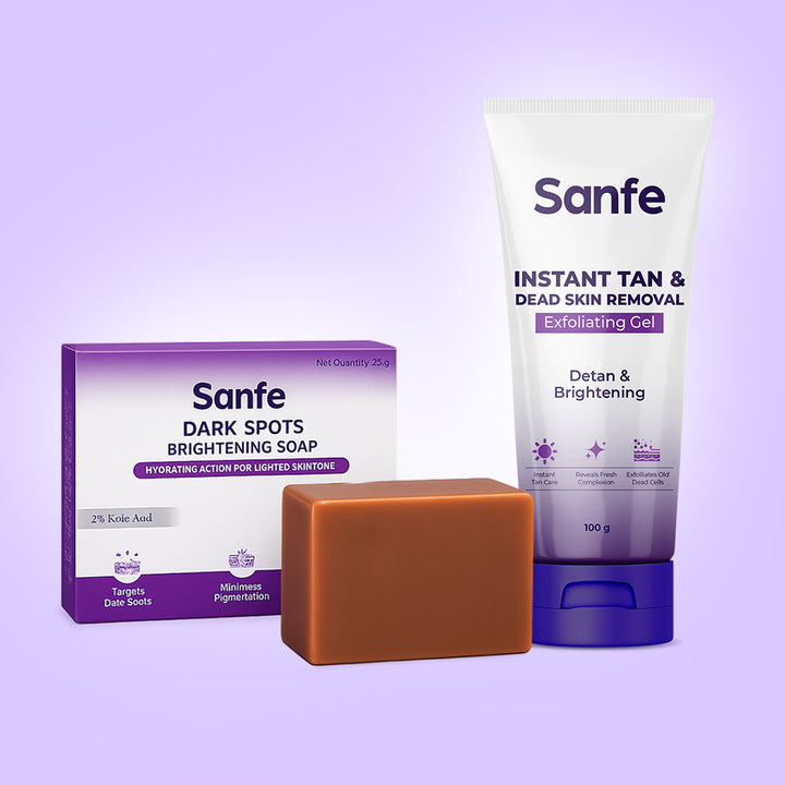 Sanfe Skin Brightening Combo | Exfoliating Tan Removal Gel & Kojic Acid Soap for Pigmentation Care