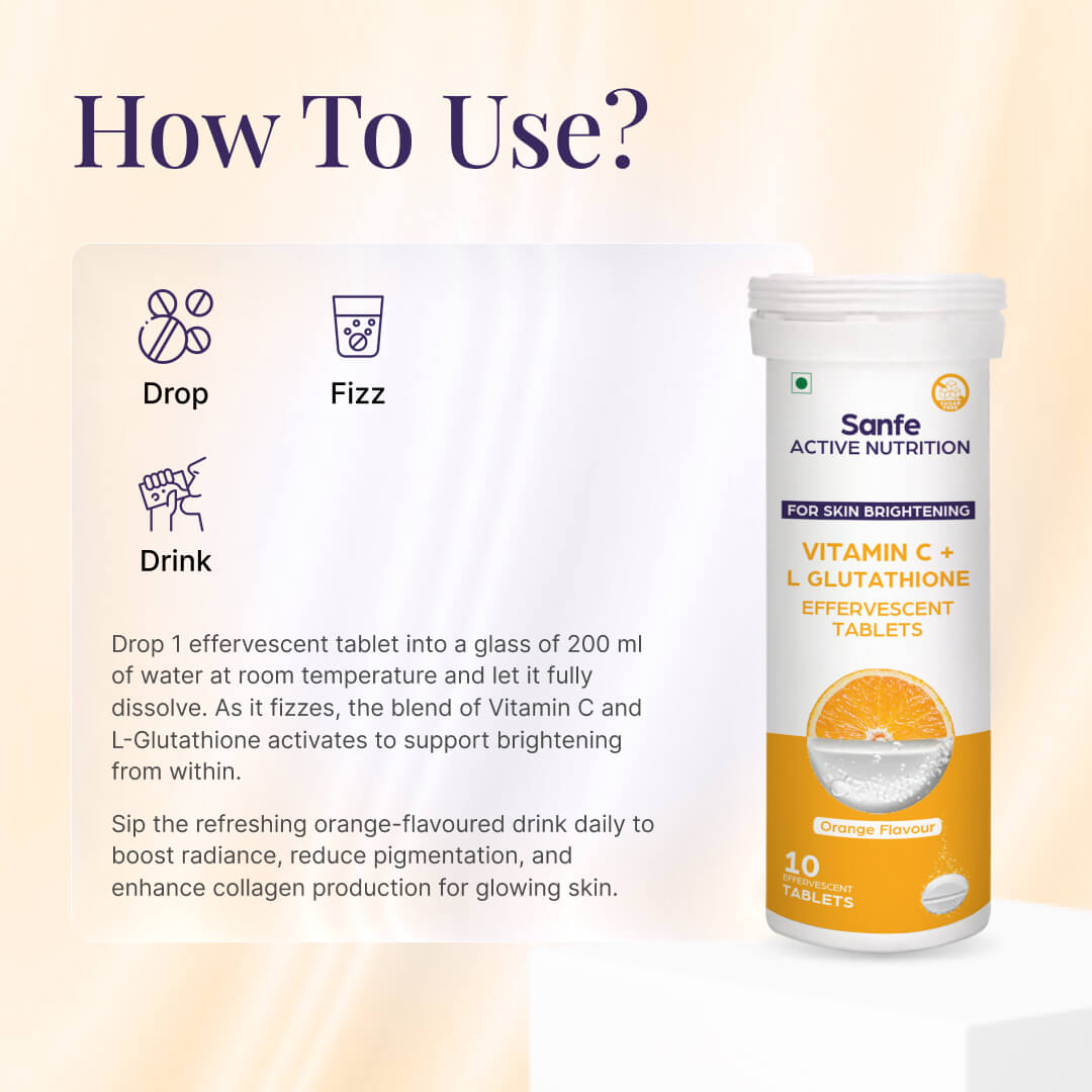 Sanfe Effervescent Tablets, Vitamin C + L Glutathione (Orange) | For Skin Brightening, 40 Tablets