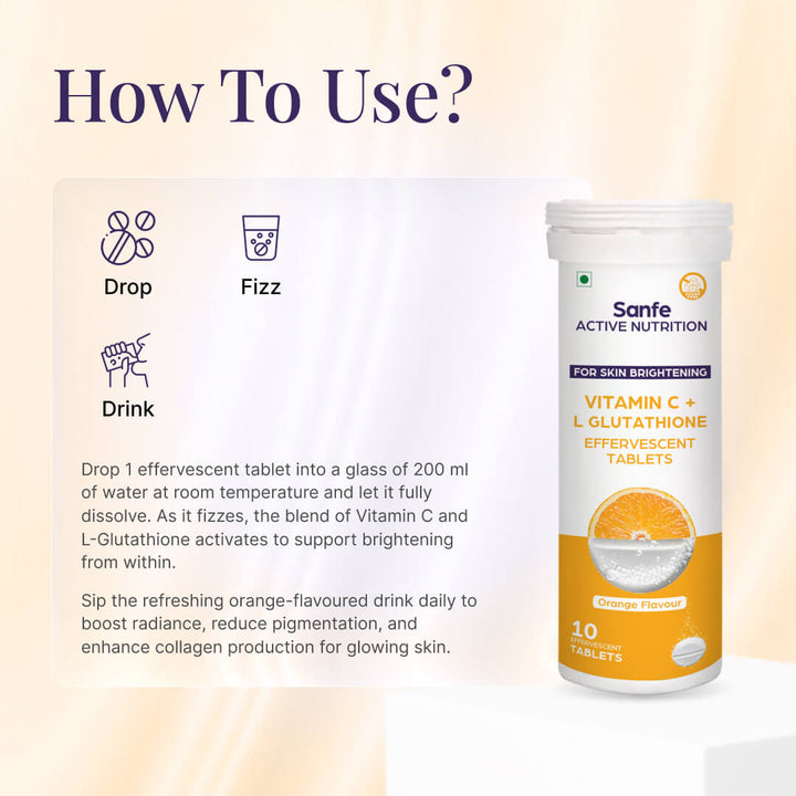 Sanfe Effervescent Tablets, Vitamin C + L Glutathione (Orange) | For Skin Brightening, 40 Tablets