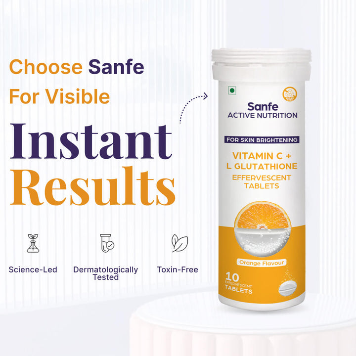 Sanfe Effervescent Tablets, Vitamin C + L Glutathione (Orange) | For Skin Brightening, 40 Tablets