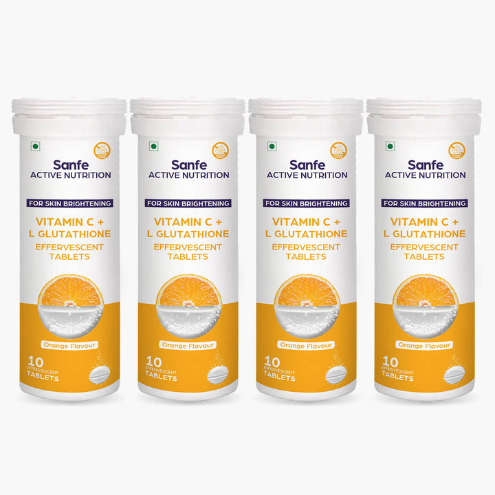 Sanfe Effervescent Tablets, Vitamin C + L Glutathione (Orange) | For Skin Brightening, 40 Tablets