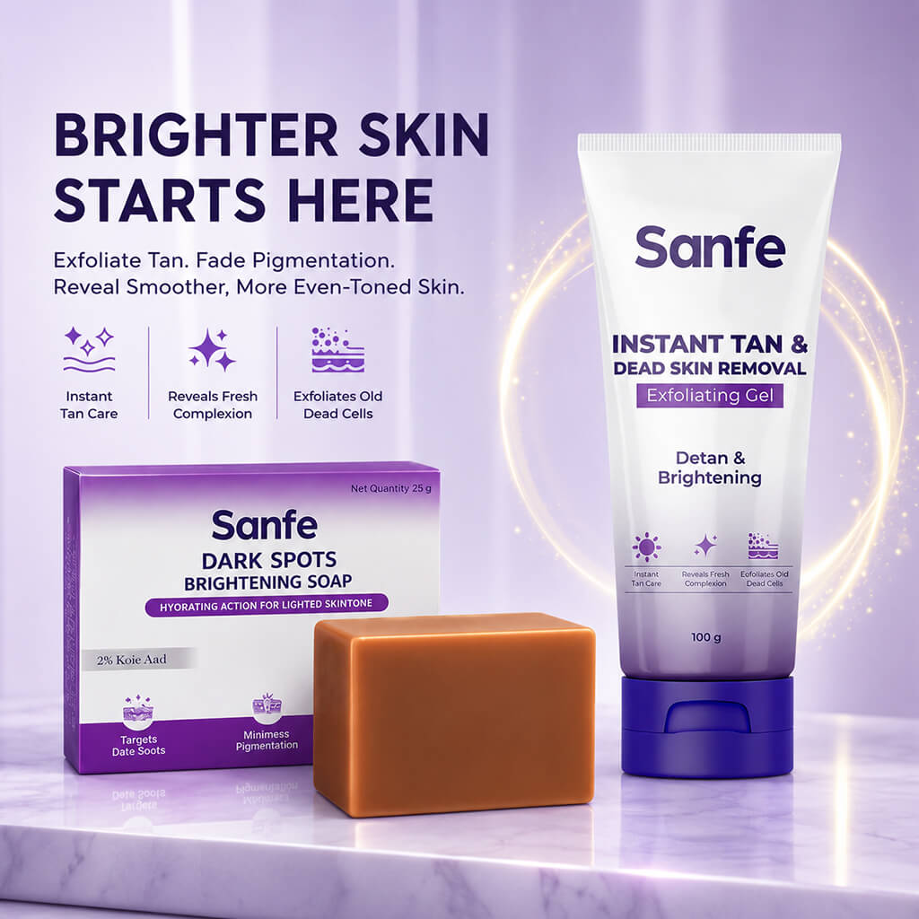 Sanfe Skin Brightening Combo | Exfoliating Tan Removal Gel & Kojic Acid Soap for Pigmentation Care