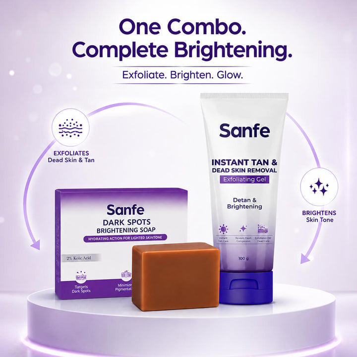 Sanfe Skin Brightening Combo | Exfoliating Tan Removal Gel & Kojic Acid Soap for Pigmentation Care