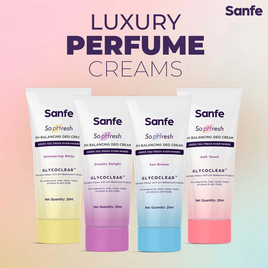 Sanfe SopHresh PH Balancing Perfume Creams | Luxury Fragrances - Sea Breeze, Soft Touch, Dreamy Delight, Shimmering White | Eliminates Body Odor | Long Lasting | 20ml X 4