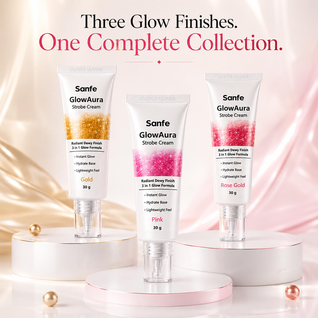 Sanfe GlowAura Strobe Cream Trio Pack | Pink, Gold & Rose Gold - Instant Radiant Glow Collection