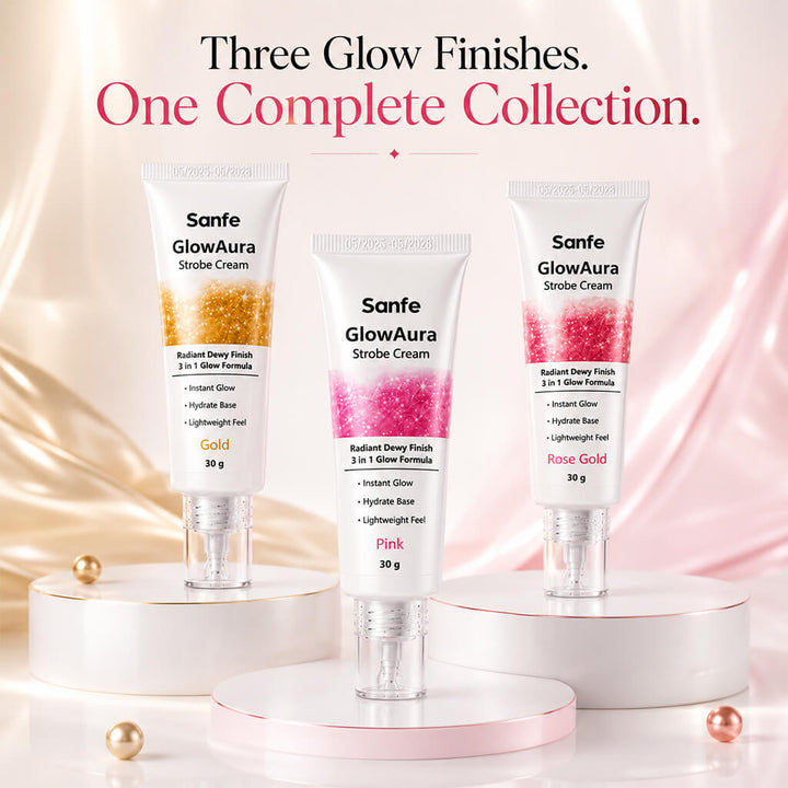 Sanfe GlowAura Strobe Cream Trio Pack | Pink, Gold & Rose Gold - Instant Radiant Glow Collection