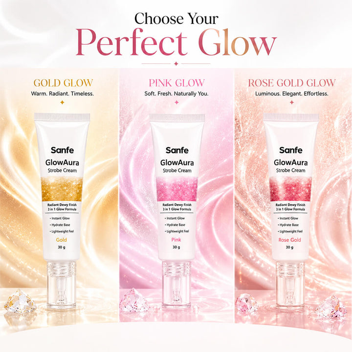 Sanfe GlowAura Strobe Cream Trio Pack | Pink, Gold & Rose Gold - Instant Radiant Glow Collection