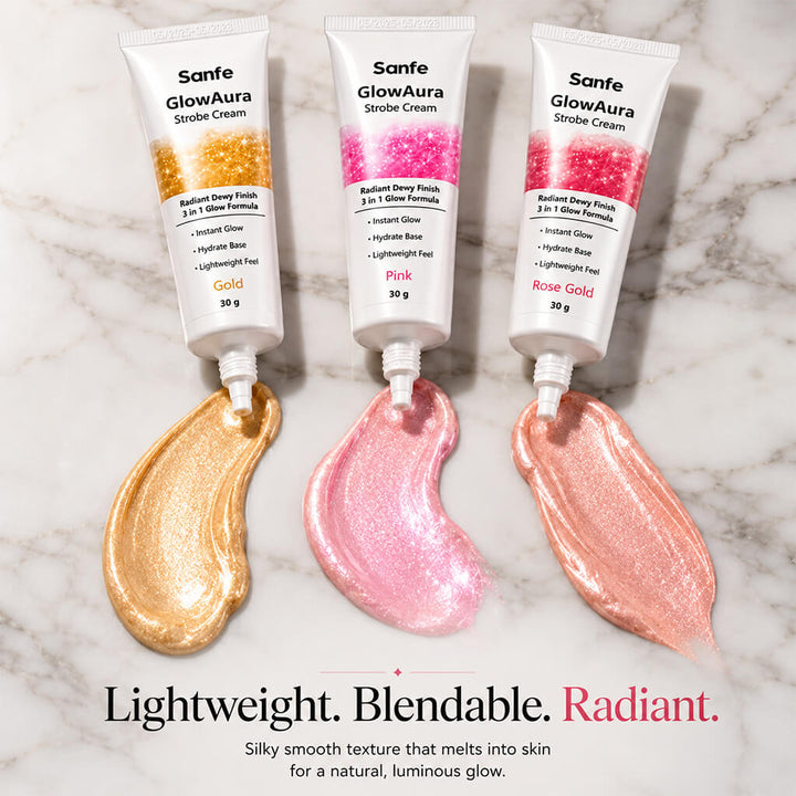 Sanfe GlowAura Strobe Cream Trio Pack | Pink, Gold & Rose Gold - Instant Radiant Glow Collection