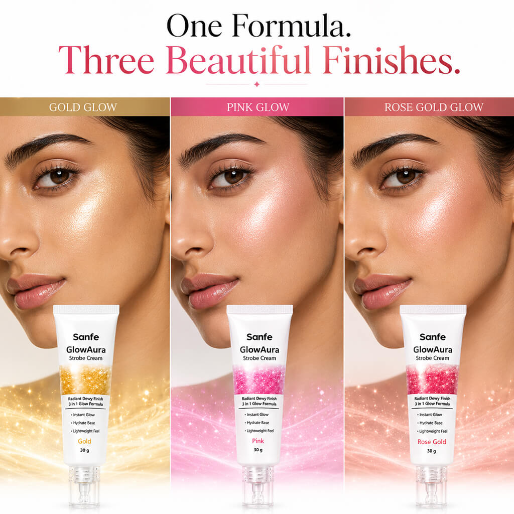 Sanfe GlowAura Strobe Cream Trio Pack | Pink, Gold & Rose Gold - Instant Radiant Glow Collection