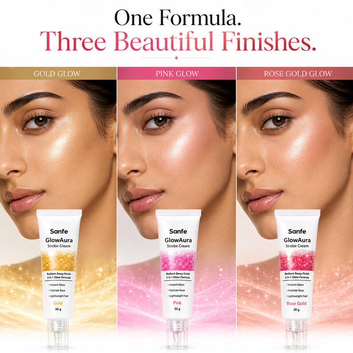 Sanfe GlowAura Strobe Cream Trio Pack | Pink, Gold & Rose Gold - Instant Radiant Glow Collection