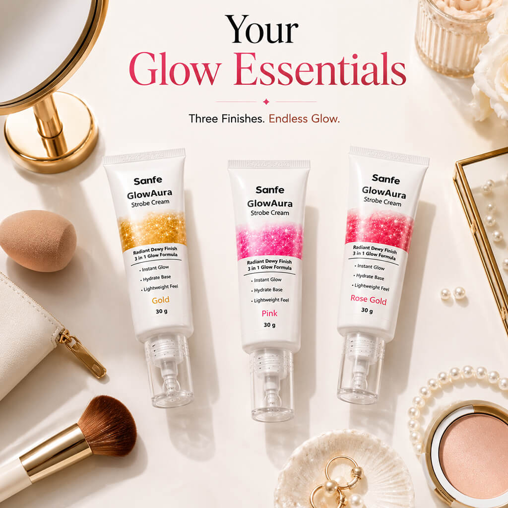 Sanfe GlowAura Strobe Cream Trio Pack | Pink, Gold & Rose Gold - Instant Radiant Glow Collection