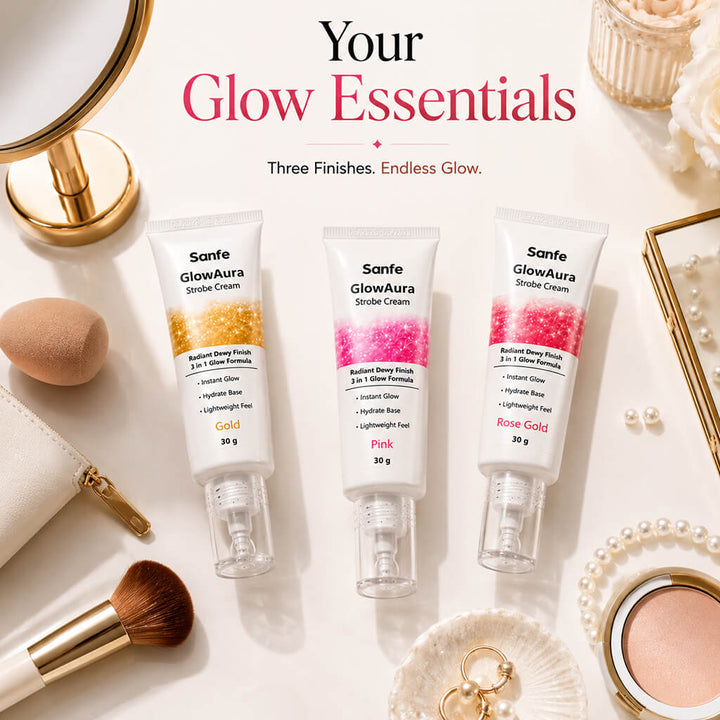 Sanfe GlowAura Strobe Cream Trio Pack | Pink, Gold & Rose Gold - Instant Radiant Glow Collection