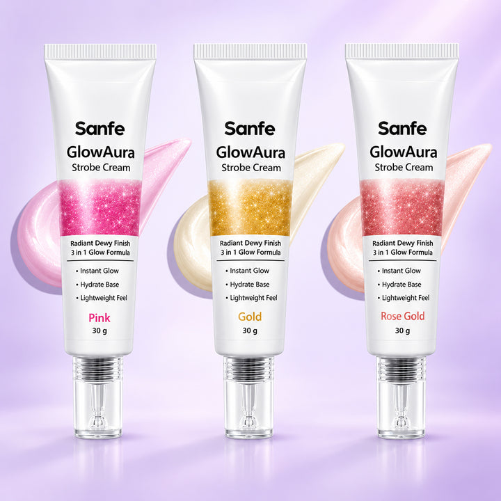 Sanfe GlowAura Strobe Cream Trio Pack | Pink, Gold & Rose Gold - Instant Radiant Glow Collection