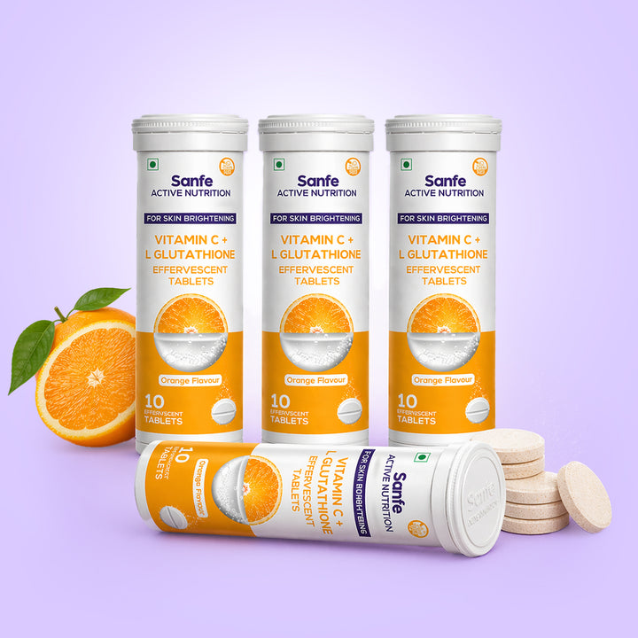 Sanfe Effervescent Tablets, Vitamin C + L Glutathione (Orange) | For Skin Brightening, 40 Tablets