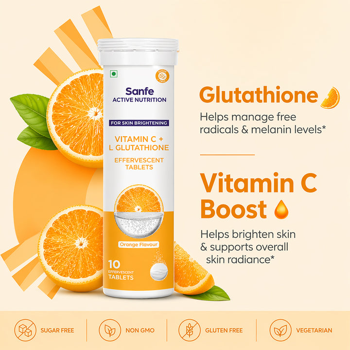 Sanfe Effervescent Tablets, Vitamin C + L Glutathione (Orange) | For Skin Brightening, 10 Tablets